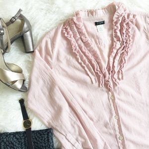 J. Crew pink & white striped ruffle blouse